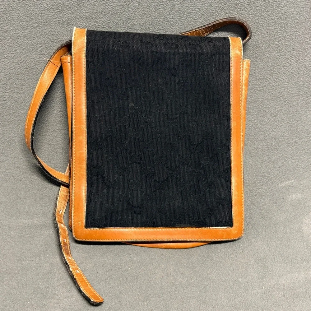 Damaged Gucci Crossbody Bag Medium Black Tan Fair Vintage GG Monogram Canvas